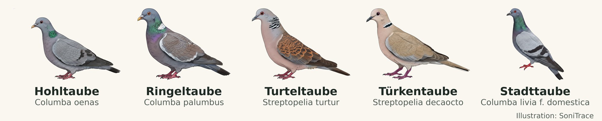 Illustrationen von Hohltaube, Ringeltaube, Turteltaube, Türkentaube und Stadttaube nebeneinander, jeweils mit deutschem und wissenschaftlichem Namen